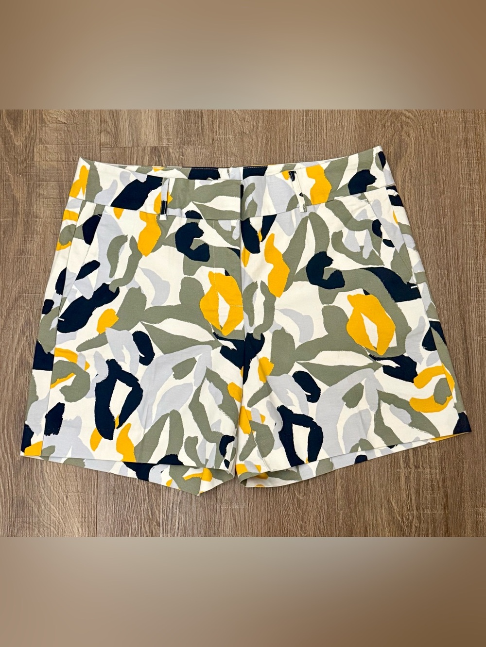 Ann Taylor Factory Abstract Print Shorts in Yellow, Olive & Navy